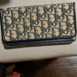 0009 Christian Dior Navy Blue Leather Trim Bi-Fold Wallet Canvas